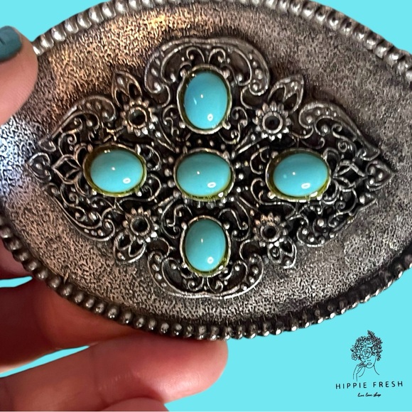 Saks Fifth AveTurquoise Woven Leather Belt w Decorative Turquoise Buckle S/35” - Picture 7 of 8